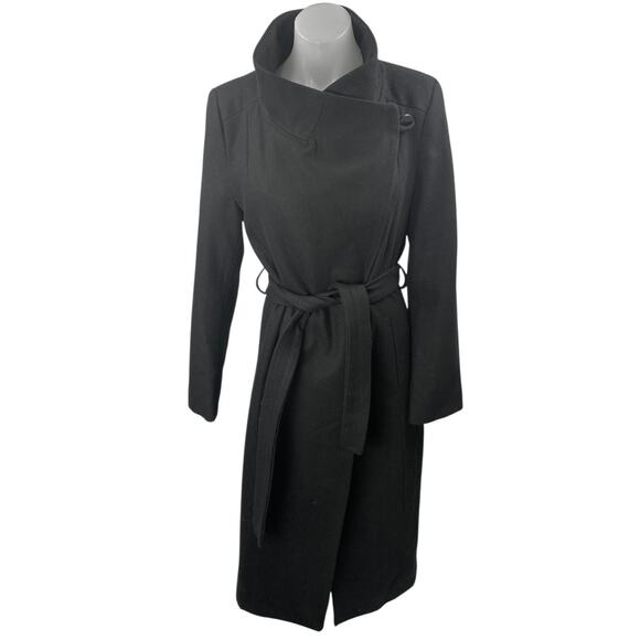 Kenneth Cole Black Long Sleeve Stand Collar Tie Waist Trench Coat Jacket Size 6 - Picture 1 of 5